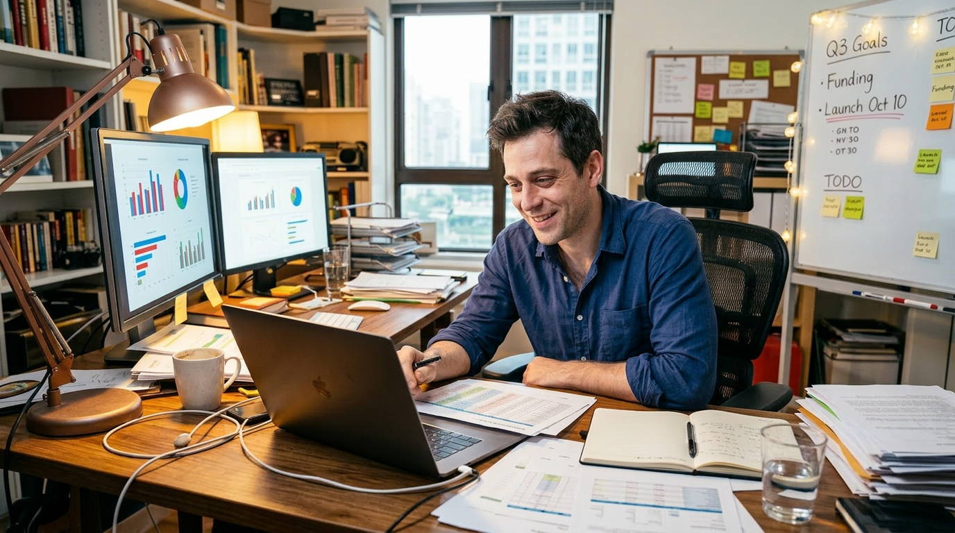 Man sitting at desk late at night looking stressed with multiple monitors and financial documents